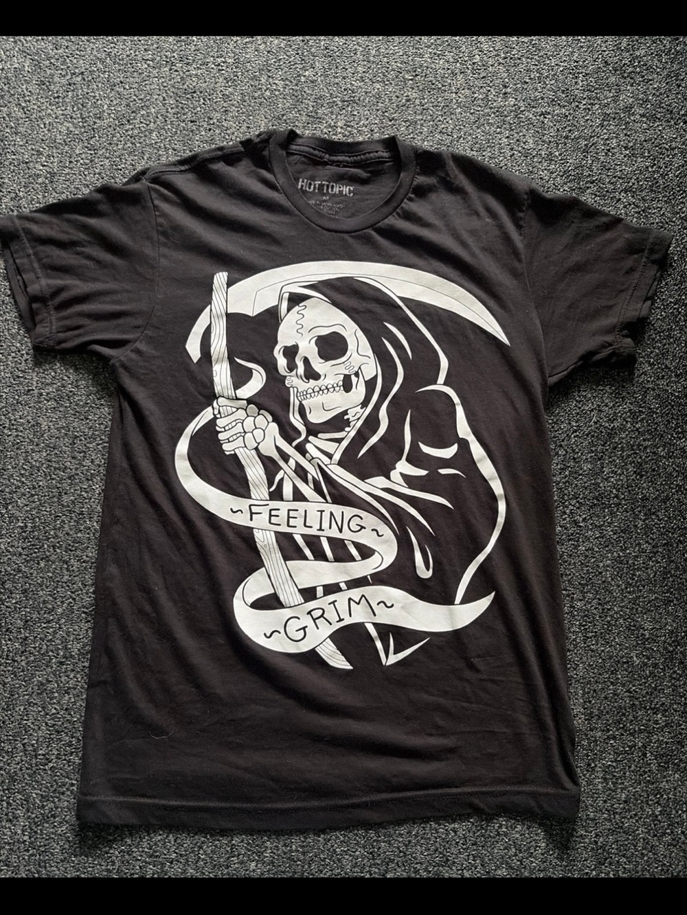 Hot Topic Black Tee with White 'Feeling Grim' Skeleton Graphic